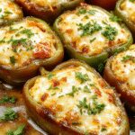Colorful stuffed bell peppers on a white plate, filled with seasoned rice, vegetables, and melted cheese, garnished with fresh herbs, with a vibrant atmosphere