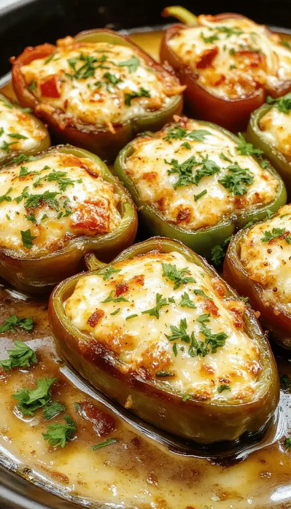 Colorful stuffed bell peppers on a white plate, filled with seasoned rice, vegetables, and melted cheese, garnished with fresh herbs, with a vibrant atmosphere