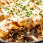 A close-up of three golden brown beef enchiladas topped with melting cheese, garnished with fresh cilantro and sliced jalapeños, arranged on a rustic white plate with a drizzle of red enchilada sauce, steam rising from the dish highlighting its cheesy, saucy layers.