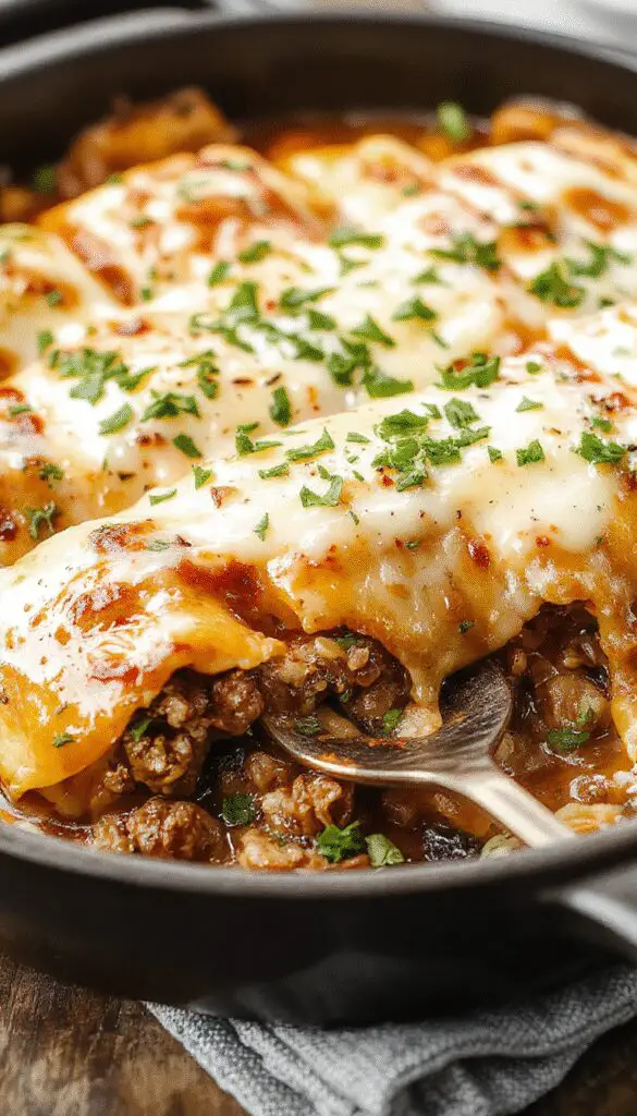 A close-up of three golden brown beef enchiladas topped with melting cheese, garnished with fresh cilantro and sliced jalapeños, arranged on a rustic white plate with a drizzle of red enchilada sauce, steam rising from the dish highlighting its cheesy, saucy layers.