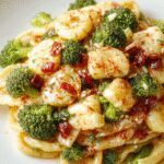 A bowl of vibrant green broccoli pasta garnished with grated cheese and cherry tomatoes, served on a white plate with a fork beside it. The pasta looks al dente with bright broccoli florets evenly mixed throughout, topped with herbs and a drizzle of olive oil, set against a rustic wooden table background.