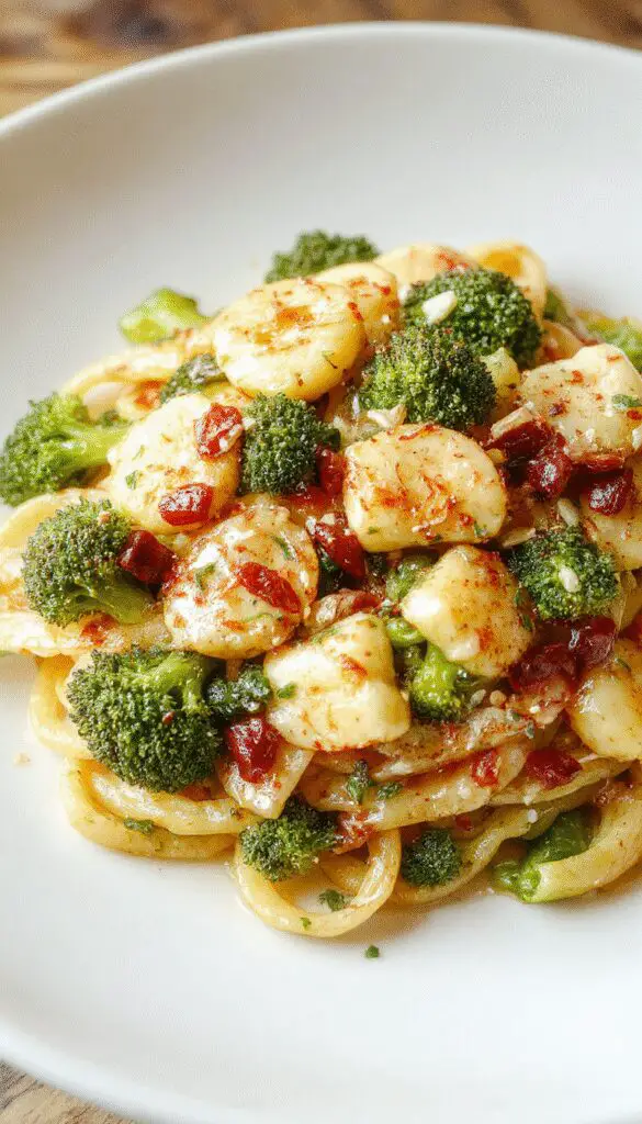A bowl of vibrant green broccoli pasta garnished with grated cheese and cherry tomatoes, served on a white plate with a fork beside it. The pasta looks al dente with bright broccoli florets evenly mixed throughout, topped with herbs and a drizzle of olive oil, set against a rustic wooden table background.