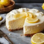 A slices of lemon cheesecake cake on a white plate featuring a creamy yellow lemon-flavored cheesecake layer topped with a glossy lemon glaze and garnished with lemon zest and fresh mint. The cake has a crumbly golden crust visible at the edges, with a smooth, dense texture beneath the topping, all presented on a rustic wooden table with soft natural lighting highlighting the vibrant yellow hues.