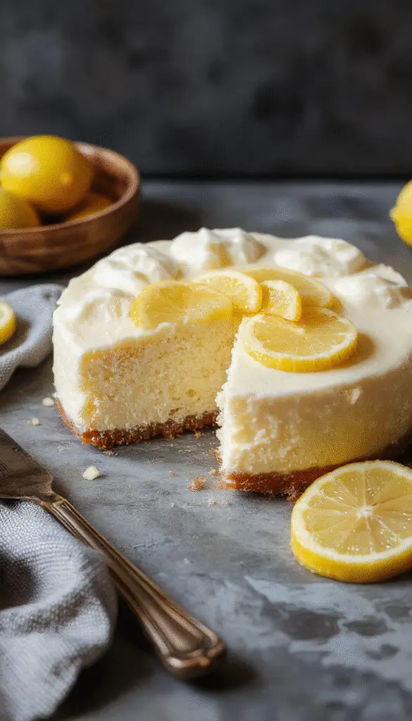 A slices of lemon cheesecake cake on a white plate featuring a creamy yellow lemon-flavored cheesecake layer topped with a glossy lemon glaze and garnished with lemon zest and fresh mint. The cake has a crumbly golden crust visible at the edges, with a smooth, dense texture beneath the topping, all presented on a rustic wooden table with soft natural lighting highlighting the vibrant yellow hues.