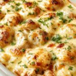 A close-up of a baked chicken casserole in a white ceramic dish, topped with melted cheese and garnished with fresh herbs. The casserole features shredded chicken, vibrant green vegetables, and a golden-brown crust, served on a rustic wooden table with a side of fresh greens and a spoonful served on a plate.
