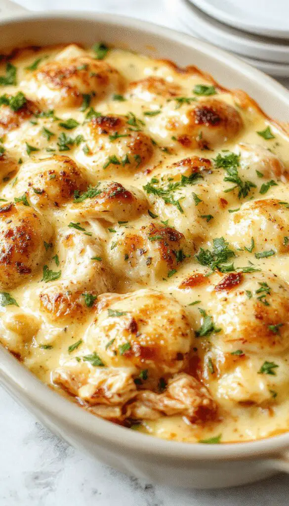 A close-up of a baked chicken casserole in a white ceramic dish, topped with melted cheese and garnished with fresh herbs. The casserole features shredded chicken, vibrant green vegetables, and a golden-brown crust, served on a rustic wooden table with a side of fresh greens and a spoonful served on a plate.