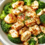 A vibrant bowl featuring perfectly grilled slices of chicken paired with bright green broccoli florets. The creamy garlic sauce drizzles over the ingredients, creating a glossy, inviting appearance. The dish is arranged artfully on a rustic plate, with visible char marks on the chicken and fresh herbs sprinkled on top, highlighting its savory and healthy appeal.