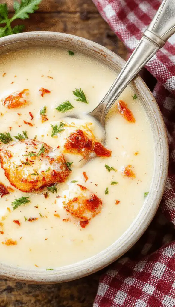A steaming bowl of white lasagna soup garnished with freshly chopped parsley and shredded mozzarella cheese, showing creamy Alfredo sauce, tender lasagna noodles, and bits of cooked chicken in a white ceramic bowl on a rustic wooden table.