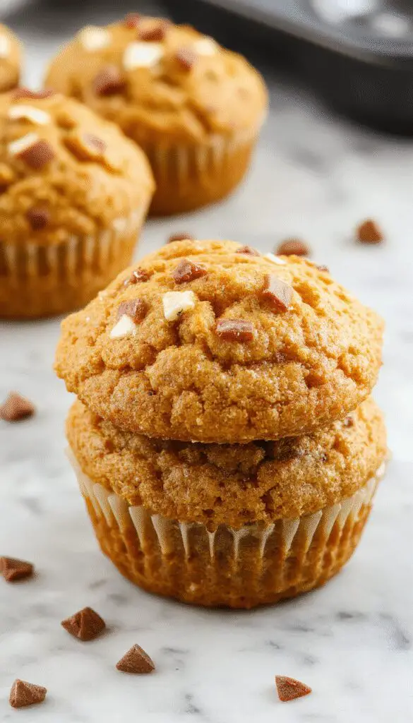 A close-up of golden-brown pumpkin muffins topped with a sprinkle of cinnamon and a dollop of cottage cheese, arranged on a rustic wooden plate with a few pumpkin seeds scattered around. The muffins have a slightly cracked surface revealing moist, fluffy interiors with visible specks of pumpkin and cottage cheese, complemented by a cozy, warm-toned background.