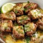 A close-up of tender beef bites coated in golden garlic butter sauce, nestled on a rustic plate garnished with fresh herbs. The beef appears juicy and crispy edges are visible, with a glossy sheen highlighting the flavorful sauce. The background is softly blurred, emphasizing the rich textures and inviting appearance of this hearty dish.