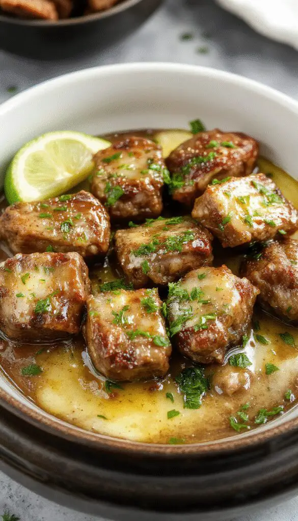A close-up of tender beef bites coated in golden garlic butter sauce, nestled on a rustic plate garnished with fresh herbs. The beef appears juicy and crispy edges are visible, with a glossy sheen highlighting the flavorful sauce. The background is softly blurred, emphasizing the rich textures and inviting appearance of this hearty dish.