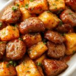 A vibrant plate featuring roasted sweet potato halves topped with sliced honey garlic sausage, drizzled with glossy honey glaze, garnished with fresh herbs. The dish showcases the rich orange of the sweet potatoes contrasting with the caramelized sausage and golden honey topping, all presented on a rustic wooden surface with a scattering of sesame seeds and a sprig of thyme.