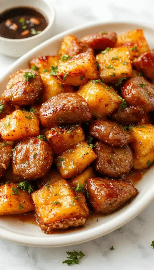 A vibrant plate featuring roasted sweet potato halves topped with sliced honey garlic sausage, drizzled with glossy honey glaze, garnished with fresh herbs. The dish showcases the rich orange of the sweet potatoes contrasting with the caramelized sausage and golden honey topping, all presented on a rustic wooden surface with a scattering of sesame seeds and a sprig of thyme.