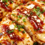 A close-up of the Hot Honey Feta Chicken dish featuring golden-brown chicken breasts topped with crumbled white feta cheese and drizzled with glossy reddish-hot honey sauce. The chicken is garnished with fresh herbs and served on a rustic white plate, showing its tender, juicy interior contrasted with the crispy exterior. The vibrant colors of the sauce and feta create an inviting, mouthwatering presentation.