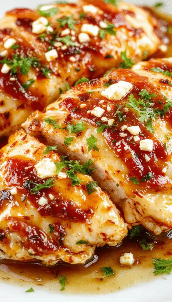 A close-up of the Hot Honey Feta Chicken dish featuring golden-brown chicken breasts topped with crumbled white feta cheese and drizzled with glossy reddish-hot honey sauce. The chicken is garnished with fresh herbs and served on a rustic white plate, showing its tender, juicy interior contrasted with the crispy exterior. The vibrant colors of the sauce and feta create an inviting, mouthwatering presentation.