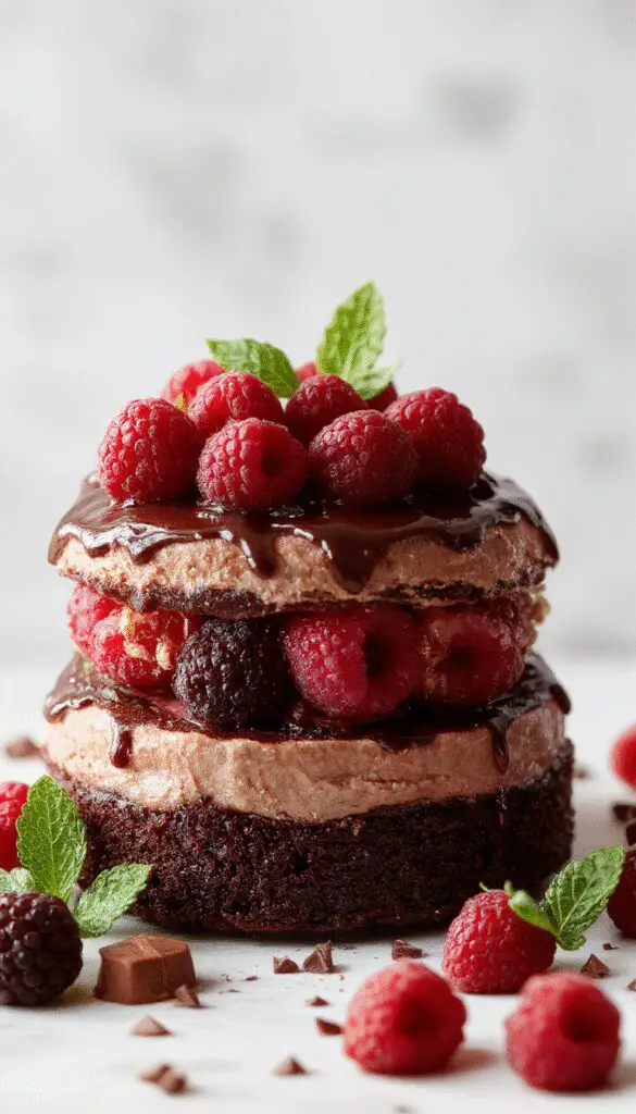 A slice of dark chocolate raspberry mousse cake on a white plate, showcasing a glossy dark chocolate top layer adorned with fresh raspberries and a dusting of cocoa powder, with a rich, creamy interior visible from the cut edge. The background features a blurred elegant table setting with additional fresh raspberries and a drizzle of chocolate sauce.