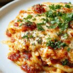 A generous serving of spicy Southern chicken spaghetti casserole on a rustic white plate, topped with melted cheese and garnished with chopped green onions. The dish features tender shredded chicken, spiral pasta coated in a rich, spicy tomato sauce with hints of jalapeños, and a crispy golden-brown crust on top. The background showcases a cozy kitchen setting with warm lighting that highlights the vibrant colors of the casserole.