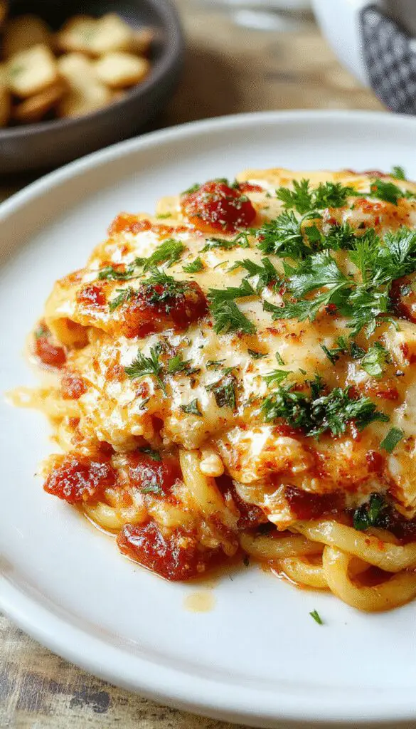 A generous serving of spicy Southern chicken spaghetti casserole on a rustic white plate, topped with melted cheese and garnished with chopped green onions. The dish features tender shredded chicken, spiral pasta coated in a rich, spicy tomato sauce with hints of jalapeños, and a crispy golden-brown crust on top. The background showcases a cozy kitchen setting with warm lighting that highlights the vibrant colors of the casserole.