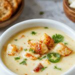 A steaming bowl of jalapeno popper soup garnished with melted cheese, chopped jalapenos, and crispy bacon bits. The soup has a creamy, slightly smoked appearance with vibrant green jalapenos and a crispy topping, presented on a rustic wooden table with a spoon resting beside it.