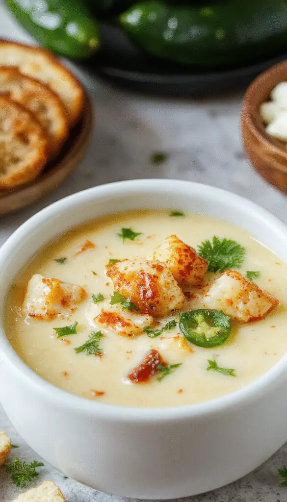 A steaming bowl of jalapeno popper soup garnished with melted cheese, chopped jalapenos, and crispy bacon bits. The soup has a creamy, slightly smoked appearance with vibrant green jalapenos and a crispy topping, presented on a rustic wooden table with a spoon resting beside it.
