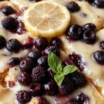 A rectangular lemon blueberry sheet cake with a vibrant yellow lemon glaze drizzled over fresh blueberries on top, garnished with lemon zest slices and mint leaves. The cake is placed on a rustic wooden surface with a few blueberries and lemon wedges scattered around, showcasing its moist texture and bright, inviting appearance.