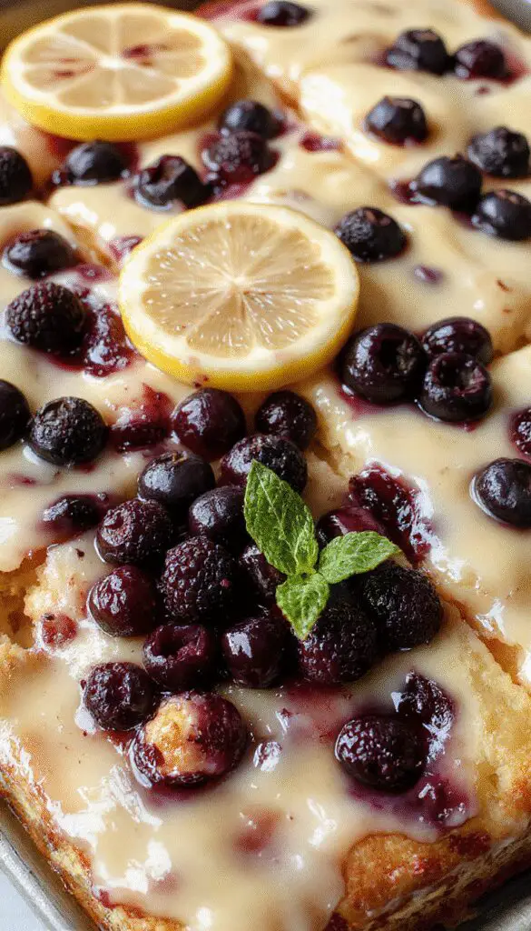 A rectangular lemon blueberry sheet cake with a vibrant yellow lemon glaze drizzled over fresh blueberries on top, garnished with lemon zest slices and mint leaves. The cake is placed on a rustic wooden surface with a few blueberries and lemon wedges scattered around, showcasing its moist texture and bright, inviting appearance.