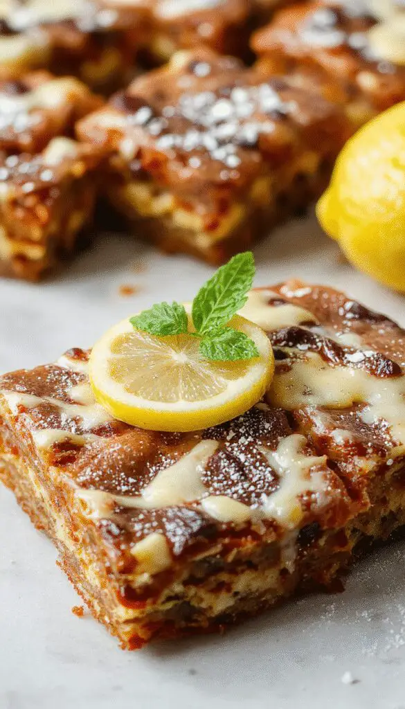 A close-up of vibrant yellow lemon brownie bars arranged on a white plate. The bars have a glossy lemon glaze on top, with a golden-brown crust around the edges, and are cut into clean, rectangular pieces showcasing a moist, crumbly interior. Fresh lemon slices and a sprig of mint garnish the plate, set against a light, bright background.