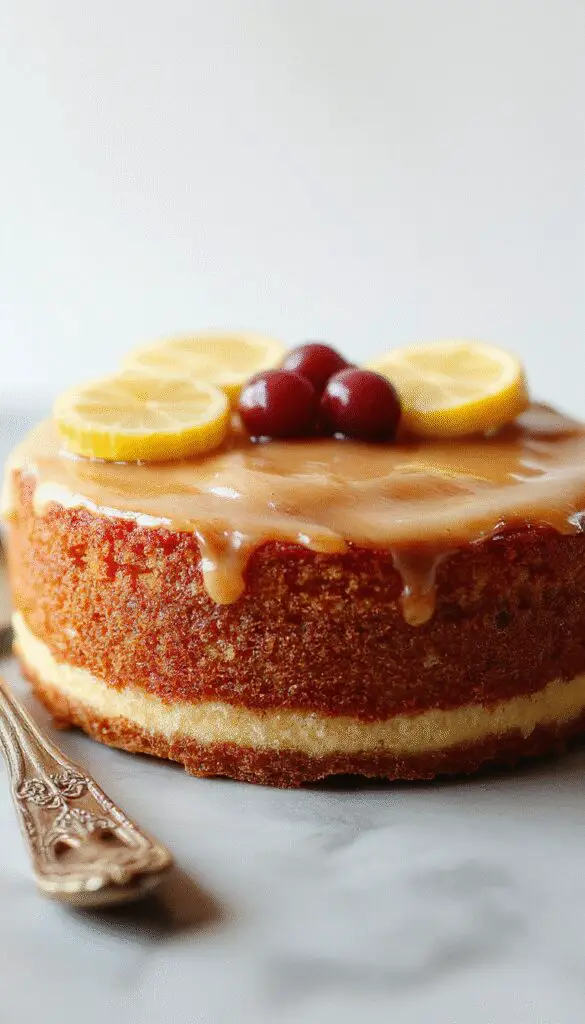 A beautifully sliced lemon custard cake with a golden-brown crust, topped with a dusting of powdered sugar. The creamy yellow custard layers peek through the moist cake, presented on a rustic white plate with fresh lemon slices and a sprig of mint for garnish.