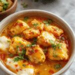 A vibrant bowl of mango chicken curry with golden-yellow chunks of chicken and ripe mango slices, garnished with fresh cilantro and red chili flakes, served with a side of steamed rice on a rustic wooden table.