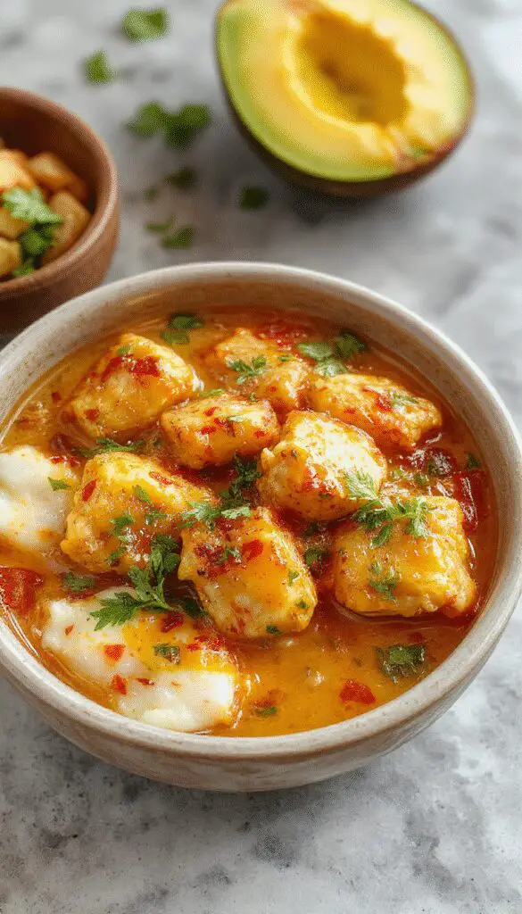 A vibrant bowl of mango chicken curry with golden-yellow chunks of chicken and ripe mango slices, garnished with fresh cilantro and red chili flakes, served with a side of steamed rice on a rustic wooden table.