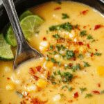 A steaming bowl of Mexcian street corn soup placed on a rustic wooden table. The soup is vibrant yellow with visible kernels of corn and garnished with fresh cilantro and a sprinkle of chili powder. Surrounding the bowl are lime wedges, a spoon, and pieces of toasted cornmeal crisps, creating an inviting and cozy atmosphere.