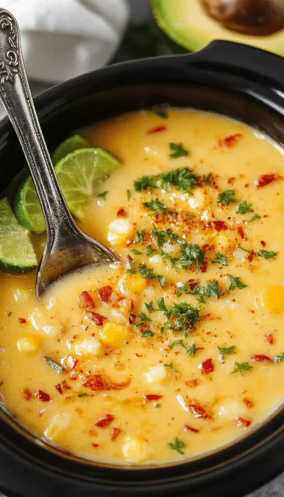 A steaming bowl of Mexcian street corn soup placed on a rustic wooden table. The soup is vibrant yellow with visible kernels of corn and garnished with fresh cilantro and a sprinkle of chili powder. Surrounding the bowl are lime wedges, a spoon, and pieces of toasted cornmeal crisps, creating an inviting and cozy atmosphere.