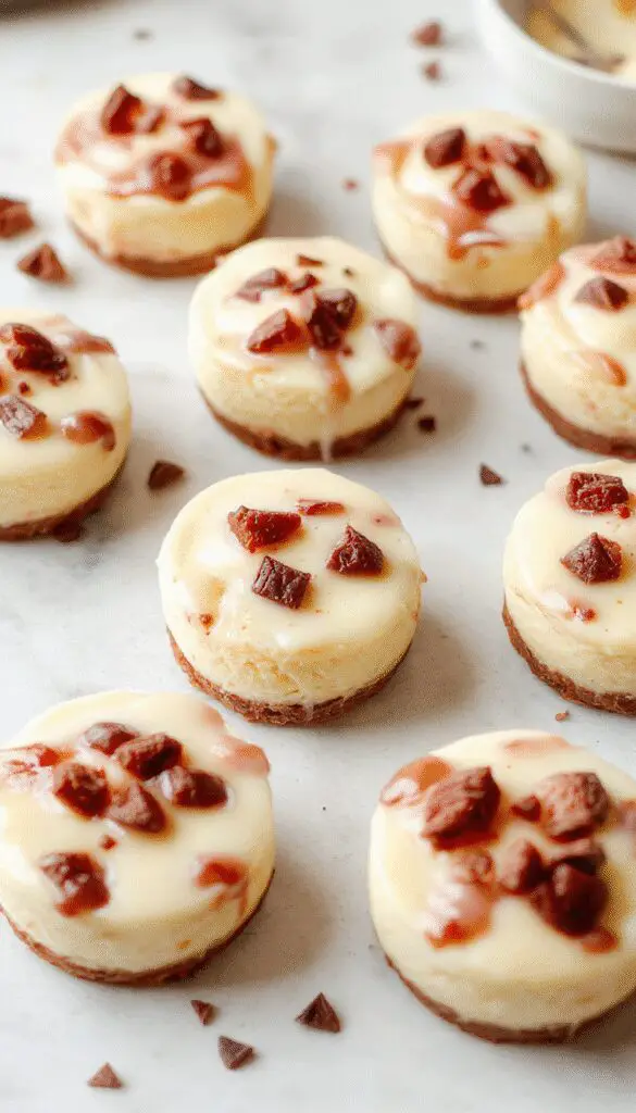 A close-up of several mini cheesecakes arranged on a marble platter. Each cheesecake has a golden graham cracker crust, creamy pale yellow filling, and is topped with a swirl of whipped cream and a fresh strawberry. The mini desserts are uniformly sized, with smooth textures and a glossy finish, invitingly presented for a casual yet elegant dessert display.