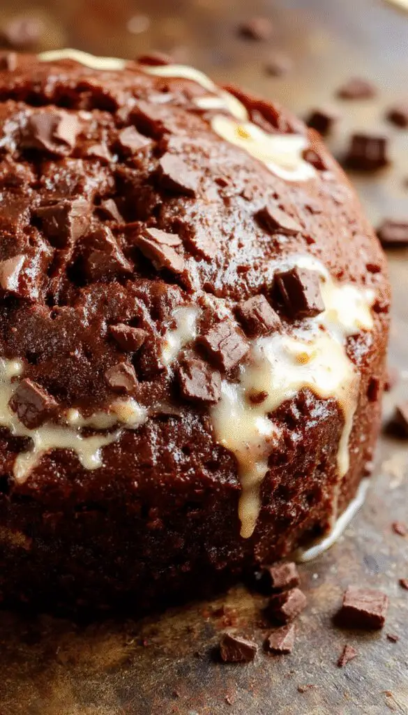 A slice of rich, dark chocolate pumpkin bread on a rustic wooden plate, topped with a sprinkle of powdered sugar, showing its moist, dense crumb and swirls of pumpkin and chocolate throughout.