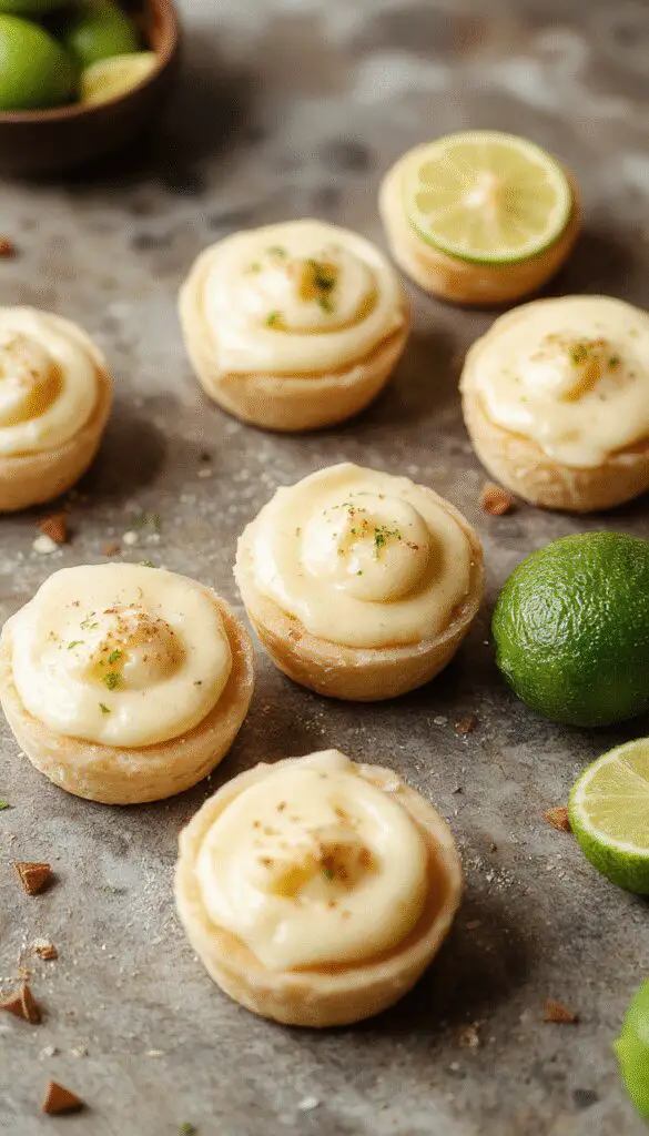 A close-up view of several mini key lime pies arranged on a elegant white platter. The pies have golden graham cracker crusts filled with vibrant lime filling, topped with a dollop of whipped cream and garnished with a tiny lime wedge. The background is softly blurred, emphasizing the glossy, smooth texture of the lime filling and the crisp crusts.