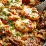 A vibrant cheeseburger orzo skillet in a rustic cast iron skillet, featuring tender orzo pasta mixed with juicy ground beef, melted cheddar cheese, and diced pickles, topped with fresh chopped parsley. The dish showcases a golden-brown crust on top with bubbling cheese around the edges, garnished attractively for a hearty, approachable meal.