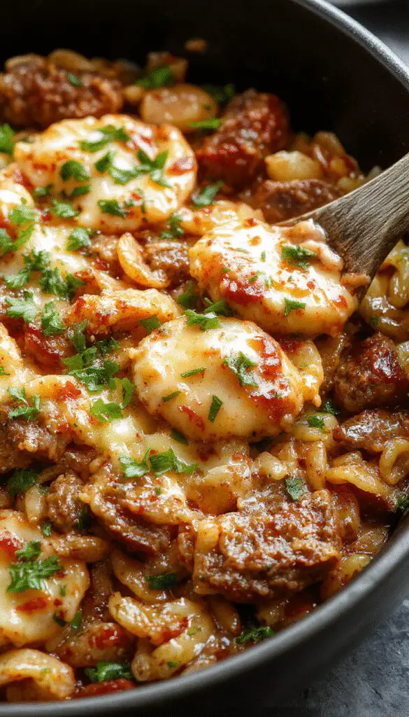 A vibrant cheeseburger orzo skillet in a rustic cast iron skillet, featuring tender orzo pasta mixed with juicy ground beef, melted cheddar cheese, and diced pickles, topped with fresh chopped parsley. The dish showcases a golden-brown crust on top with bubbling cheese around the edges, garnished attractively for a hearty, approachable meal.