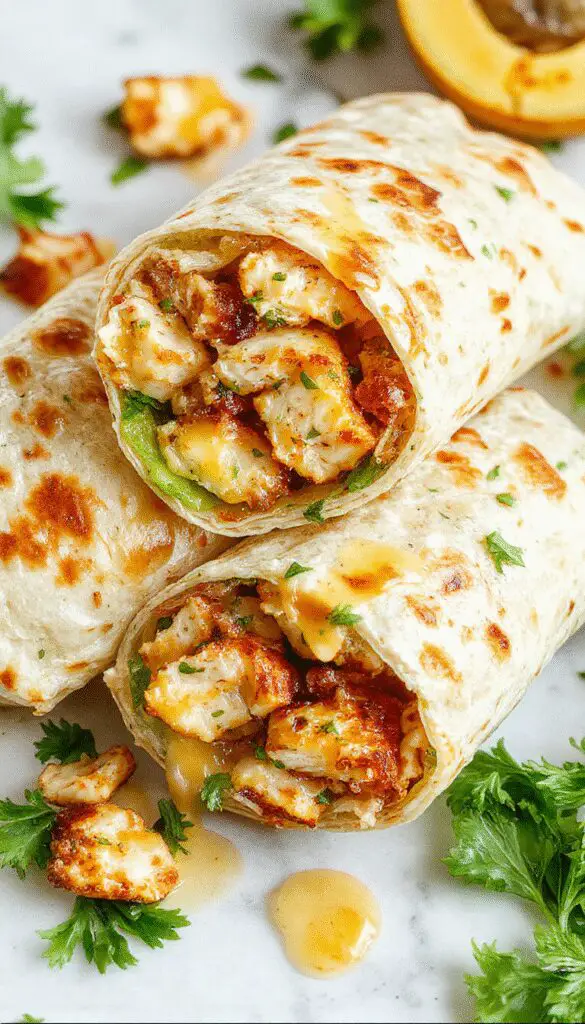 A close-up of a cheesy garlic chicken wrap sliced in half, revealing melted cheese, golden grilled chicken pieces, fresh lettuce, and tomato slices inside a soft flour tortilla. The wrap is presented on a rustic wooden plate with a slight steam, highlighting its gooey texture and vibrant ingredients.