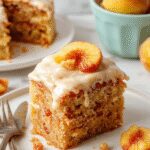 A slice of peach cake with brown sugar frosting on a white plate, showcasing moist layers topped with caramelized brown sugar frosting, garnished with fresh peach slices and a sprig of mint, set against a rustic wooden background.