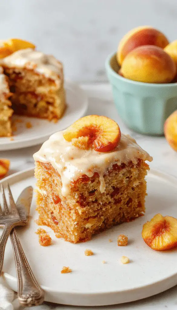 A slice of peach cake with brown sugar frosting on a white plate, showcasing moist layers topped with caramelized brown sugar frosting, garnished with fresh peach slices and a sprig of mint, set against a rustic wooden background.