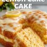 A vibrant lemon cake with a glossy lemon glaze drizzling down the sides, topped with fresh lemon slices and sprinkled with powdered sugar. The cake is elegantly presented on a white cake stand against a rustic wooden background, with a slice partially cut revealing moist, fluffy layers inside. Bright yellow and golden hues dominate the scene, emphasizing freshness and zest.