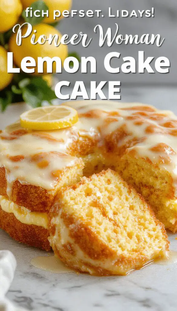 A vibrant lemon cake with a glossy lemon glaze drizzling down the sides, topped with fresh lemon slices and sprinkled with powdered sugar. The cake is elegantly presented on a white cake stand against a rustic wooden background, with a slice partially cut revealing moist, fluffy layers inside. Bright yellow and golden hues dominate the scene, emphasizing freshness and zest.