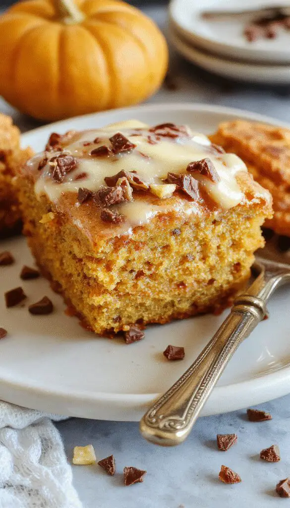 A luscious slice of Pumpkin Better Than Sex Cake on a white plate, showcasing layered pumpkin-flavored cake topped with whipped cream and caramel drizzle, garnished with a sprinkle of cinnamon. The rich, moist layers reveal a vibrant orange hue contrasted by the light-colored frosting and golden caramel accents, set against a rustic wooden table with fall-themed decorations in the background.