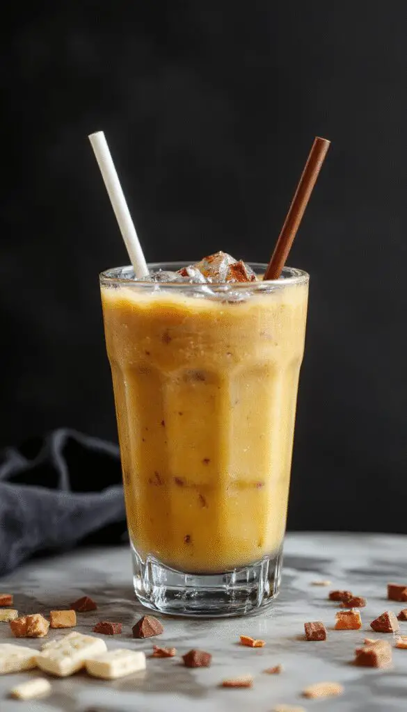 A tall glass filled with a creamy, amber-colored pumpkin chai iced latte, topped with a dollop of whipped cream and a sprinkle of cinnamon. The drink showcases a layered appearance with visible swirls of pumpkin and chai flavors, garnished with a cinnamon stick and a few pumpkin seeds on the side. The background features a rustic wooden table with autumnal decor, enhancing the cozy, inviting aesthetic.