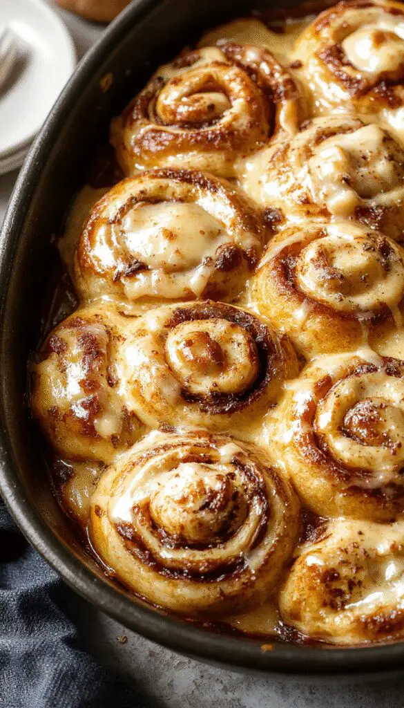 A golden-brown pumpkin cinnamon roll bake in a rectangular ceramic dish, topped with a drizzle of creamy glaze and sprinkled with cinnamon. The bake appears moist and fluffy, with visible swirls of pumpkin and cinnamon throughout.