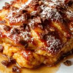 A golden-brown pumpkin French toast casserole topped with whipped cream and a drizzle of syrup, served in a rustic baking dish, with slices showing a gooey, moist interior and a crispy crust, garnished with a sprinkle of cinnamon.