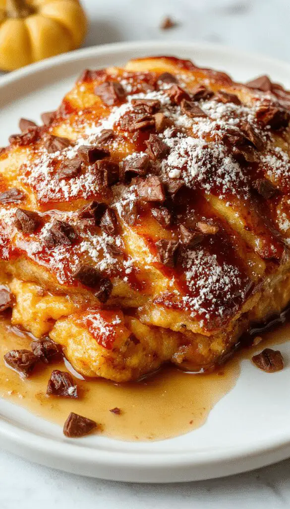 A golden-brown pumpkin French toast casserole topped with whipped cream and a drizzle of syrup, served in a rustic baking dish, with slices showing a gooey, moist interior and a crispy crust, garnished with a sprinkle of cinnamon.
