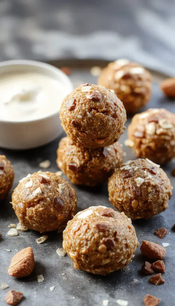 Close-up of golden-brown pumpkin protein balls arranged in a neat cluster on a rustic wooden plate, garnished with a sprinkle of cinnamon and tiny pumpkin seeds, with a blurred fall-themed background.