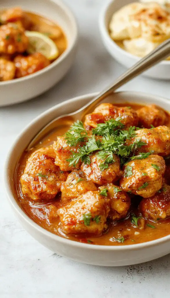 A vibrant plate of butter chicken featuring tender, golden-brown chicken pieces coated in rich, creamy orange sauce, garnished with fresh cilantro and served with steamed rice on a white plate.