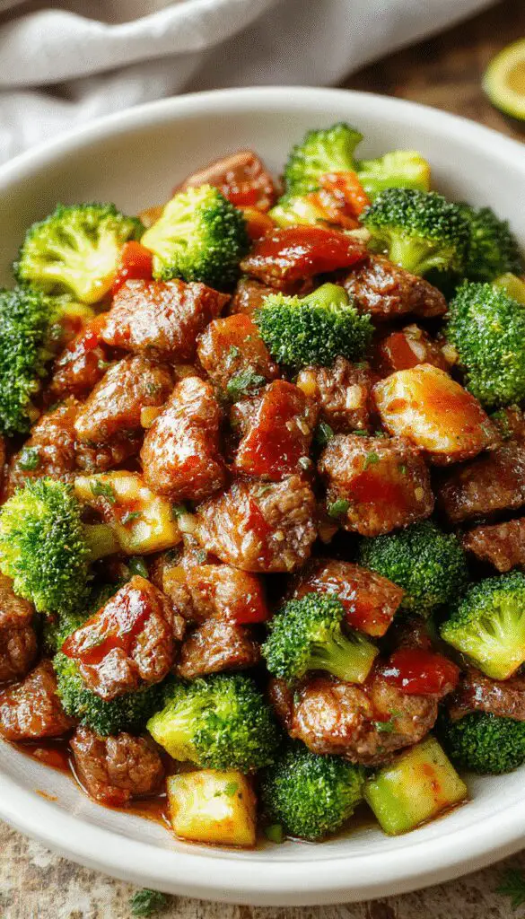A vibrant stir-fry dish showcasing tender ground beef and bright green broccoli florets glazed in a glossy honey garlic sauce, neatly arranged on a white plate with a sprinkle of sesame seeds and chopped scallions on top, set against a rustic wooden background.